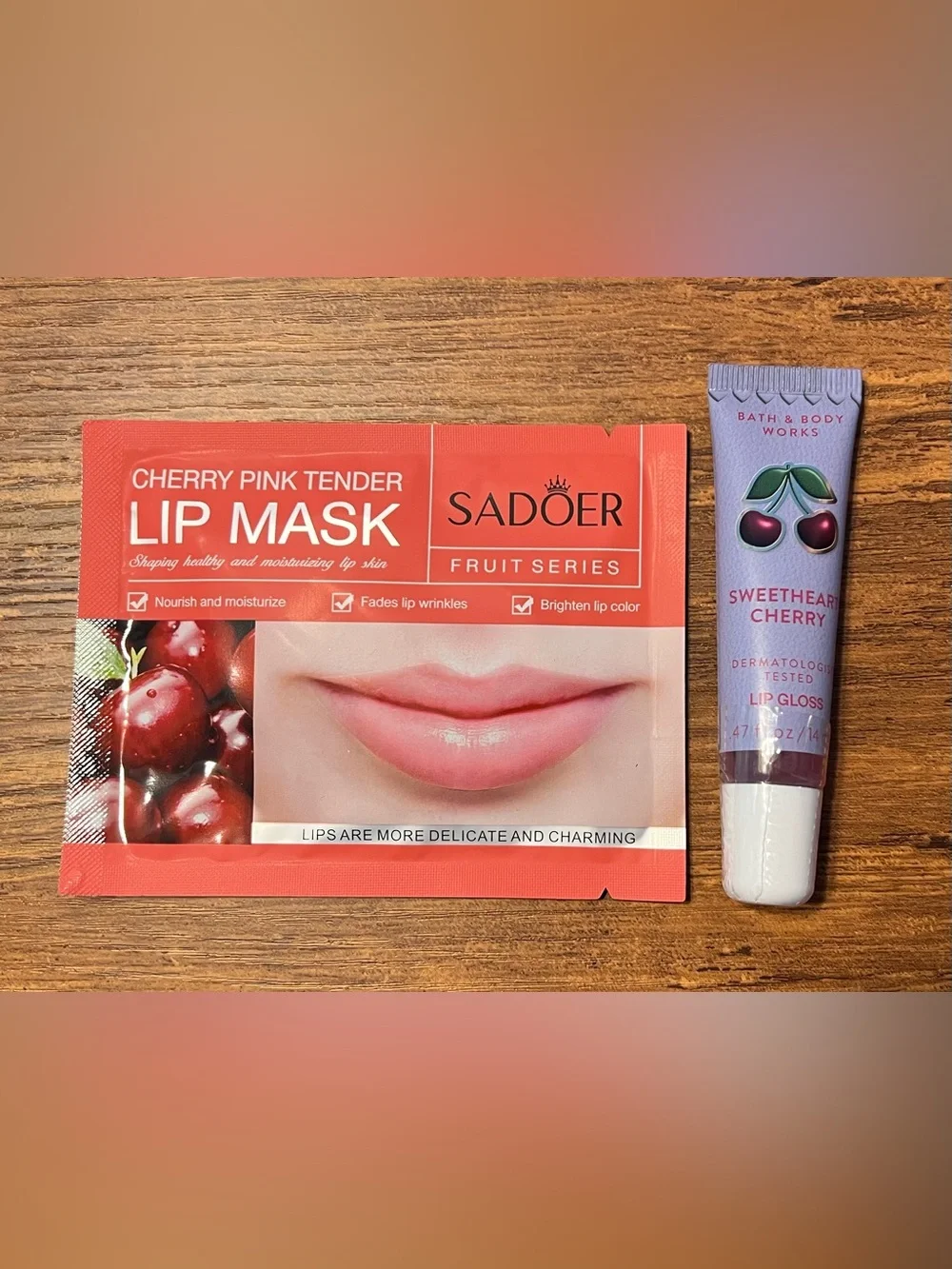 Bath & Body Works Sweetheart Cherry Lip Gloss & Sadoer Cherry Lip Mask NWT